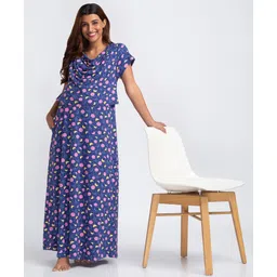 Bella Mama Half Sleeves Maternity Nursing Nighty Floral Print - Blue-picture-17