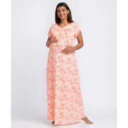 Bella Mama Half Sleeves Maternity Nursing Nighty Floral Print - Peach-picture-10