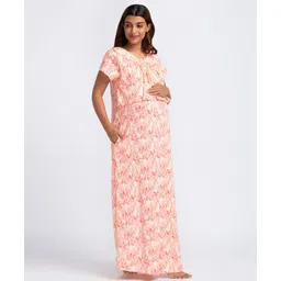 Bella Mama Half Sleeves Maternity Nursing Nighty Floral Print - Peach image 4