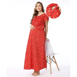 Bella Mama Half Sleeves Maternity Nursing Nighty Floral Print - Red-picture-18