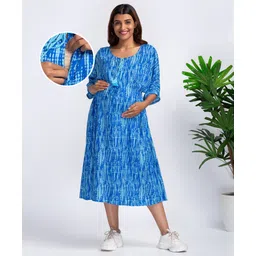 Bella Mama Three Fourth Sleeves Maternity Nursing Frock - Sky & Dark Blue-picture-25