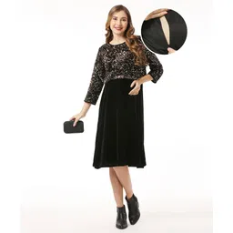 Bella Mama Velvet with Sequin Three Fourth Sleeves Maternity Party Dress with Concealed Zipper - Black-picture-22