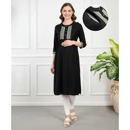 Bella Mama Viscose Woven Three Fourth Sleeves Maternity Dress with Embroidery - Black-picture-11