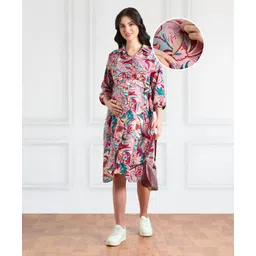 Bella Mama Viscose Woven Three Fourth Sleeves Shirt Maternity Dress With Floral Print - Pink-picture-28