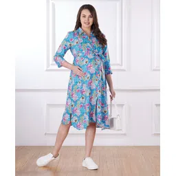 Bella Mama Woven Three Fourth Sleeve Maternity Shirt Dress With Floral Print - Blue-picture-27