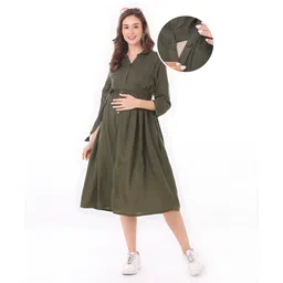 Bella Mama Woven Three Fourth Sleeves Collar Neck Shirt Style Maternity Dress Solid Colour - Olive Green-picture-11