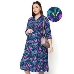 Bella Mama Woven Three Fourth Sleeves Floral Printed Maternity Dress with Fabric Belt - Navy Blue-picture-22