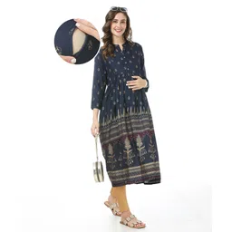 Bella Mama Woven Three Fourth  Sleeves Floral  Printed Maternity Dress With Pocket - Red-picture-14