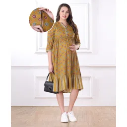 Bella Mama Woven Three Fourth Sleeves Maternity Dress with Floral Print - Khaki-picture-15