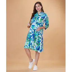 Bella Mama Woven Three Fourth Sleeves Maternity Shirt Dress with Belt & Floral Print - Blue-picture-14