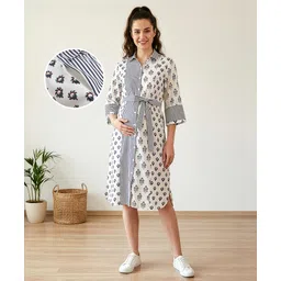 Bella Mama Woven Three Fourth Sleeves Maternity Shirt Dress with Floral Print - Off White-picture-13