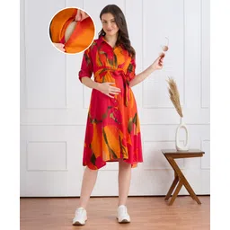 Bella Mama Woven Three Fourth Sleeves Maternity Shirt Dress With Floral Print - Orange-picture-19