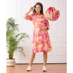 Bella Mama Woven Three Fourth Sleeves Maternity Shirt Dress With Floral Print - Pink-picture-17
