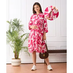 Bella Mama Woven Three Fourth Sleeves Maternity Shirt Dress With Floral Print - Pink-picture-24