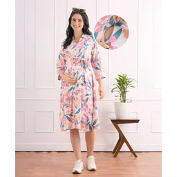 Bella Mama Woven Three Fourth Sleeves Maternity Shirt Dress With Floral Print - Pink-picture-28