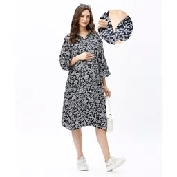 Bella Mama Woven Three Fourth Sleeves Maternity Shirt Dress with Leafy & Floral Print - Navy Blue-picture-21