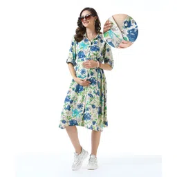 Bella Mama Woven Three Fourth Sleeves Maternity Shirt Dress with Side Pocket Floral Print -Off White-picture-35