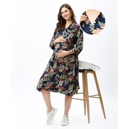Bella Mama Woven Three Fourth Sleeves Maternity Shirt Dress with Side Pocket Leafy & Floral Print -Navy-picture-18