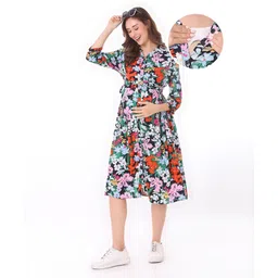 Bella Mama Woven Three Fourth Sleeves Maternity Shirt Style Dress with Floral Print - Multicolour image 1