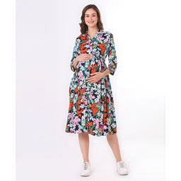 Bella Mama Woven Three Fourth Sleeves Maternity Shirt Style Dress with Floral Print - Multicolour image 3