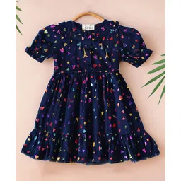 Bella Moda Cotton Half Puffed Sleeves Hearts Printed Dress - Navy Blue-picture-10