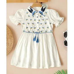 Bella Moda Cotton Half Puffed Sleeves Honey Bee Embroidered Dress - White image 1