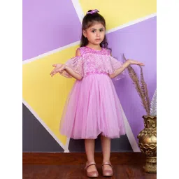 Bella Moda Girls Sequinned Embellished Flared Sleeve Satin Fit & Flare Dress-picture-55