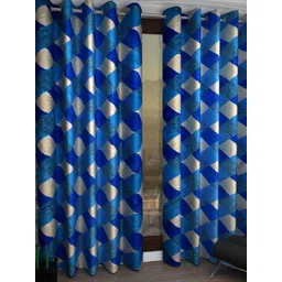 BELLA TRUE Blue & Cream 2 Pieces Geometric Printed Ripple Fold Long Door Curtains-picture-16