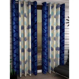 BELLA TRUE Cream & Blue 2 Pieces Floral Printed Ripple Fold Window Curtains-picture-13