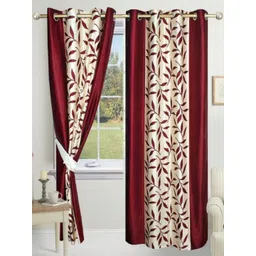 BELLA TRUE Maroon & White 2 Pieces Floral Printed Eyelet Fitted Door Curtains-picture-30
