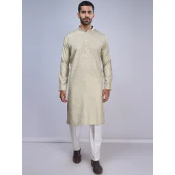 BELLAZO Ethnic Motifs Woven Design Jacquard Mandarin Collar Pleated Curved Pathani Kurta-picture-32