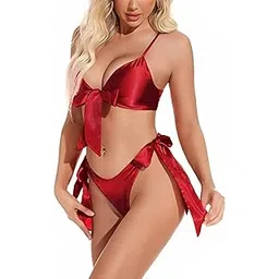 bellevino Women Lingerie Set Satin Fabric Honeymoon/Wedding Bridal Solid Babydoll Bow Tie 2 Piece Bra and Panty Sets Valentine/Christmas Gift Regular Free Size-picture-10
