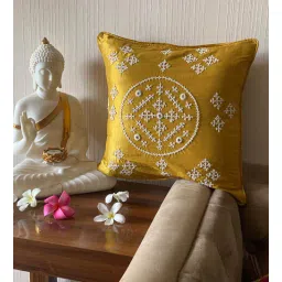 bells & whistles Yellow Woven Cotton Silk 16 x 16 Inches Cushion Cover-picture-36
