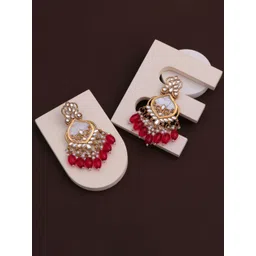 BELWICK Brass-Plated Kundan Studded And Pearls Beaded Contemporary Drop Earrings-picture-36