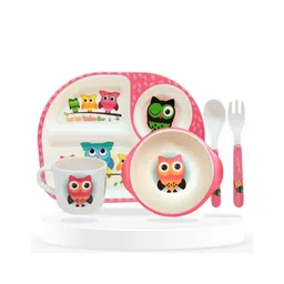 Bembika Baby Self Feeding Essential Baby Dinnerware Bamboo Fibre Dinner Set For Kids For Kids And Toddlers Owl - Pack Of 5 (Pink)-image-20
