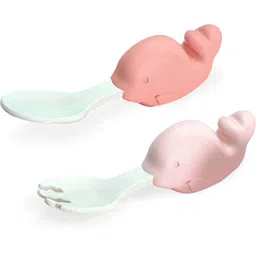bembika Baby Training Spoon Whale Shape Spoon, Baby Spoon and Fork Set - (Pink).- Plastic And Rubber Handle-picture-12