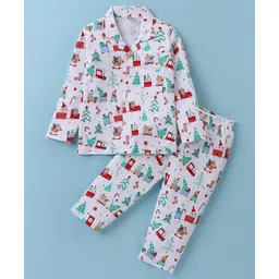 Ben Benny 100% Cotton Knit Full Sleeves Collared Night Suit With Christmas Theme Print - White image 1