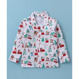 Ben Benny 100% Cotton Knit Full Sleeves Collared Night Suit With Christmas Theme Print - White image 2