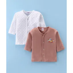 Ben Benny 100% Cotton Knit Full Sleeves Front Open Jablas with Heart & Bear Print Pack of 2 - Brown & White-picture-29