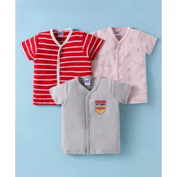 Ben Benny 100% Cotton Knit Half Sleeves Front Open Jhablas with Stripes & Bunny Print Pack of 3 - Red Grey & Pink-picture-25