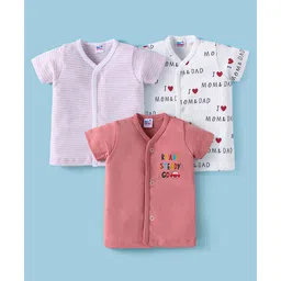 Ben Benny 100% Cotton Knit Half Sleeves Jhablas with Stripes & Text Print Pack of 3 - Pink & White-picture-24