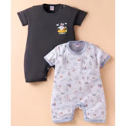 Ben Benny 100% Cotton Knit Half Sleeves Rompers with Animal Print Pack of 2 - Black & White-picture-24