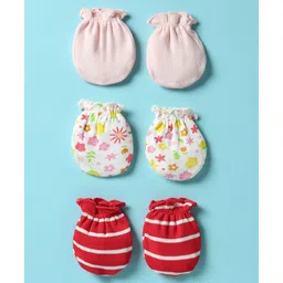 Ben Benny 100% Cotton Knit Mittens with Floral Print & Stripe Design Pack of 3 - Red Pink & White-picture-24