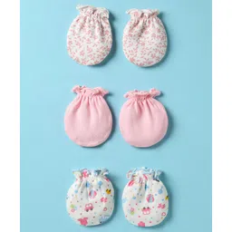 Ben Benny 100% Cotton Knit Mittens with Floral Print & Vehicle Print Pack of 3 - White & Pink-picture-16