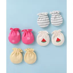 Ben Benny 100% Cotton Knit Mittens with Polka Dots & Watermelon Print & Stripes Pack of 4 - Multicolor-picture-25