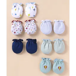 Ben Benny 100% Cotton Knit Mittens With Stars Print & Patch Detailing Pack of 6 - Blue & White-picture-17