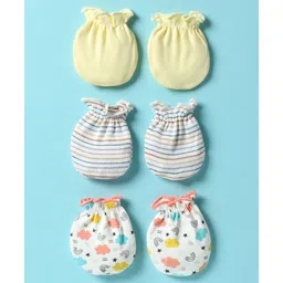 Ben Benny 100% Cotton Knit Mittens with Stripe Design & Clouds Print Pack of 3 - Multicolor-picture-15
