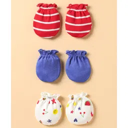 Ben Benny 100% Cotton Knit Mittens with Stripe Design & Fruit Print Pack of 3 - Red Blue & White-picture-14