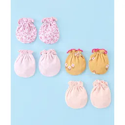 Ben Benny Interlock 100% Cotton Knit Floral Printed & Solid Color Mittens Pack of 4 - Pink & Yellow-picture-12