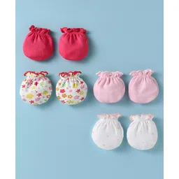 Ben Benny Interlock Knit Mittens with Floral & Hearts Print Pack of 4 - Red Pink & White-picture-17